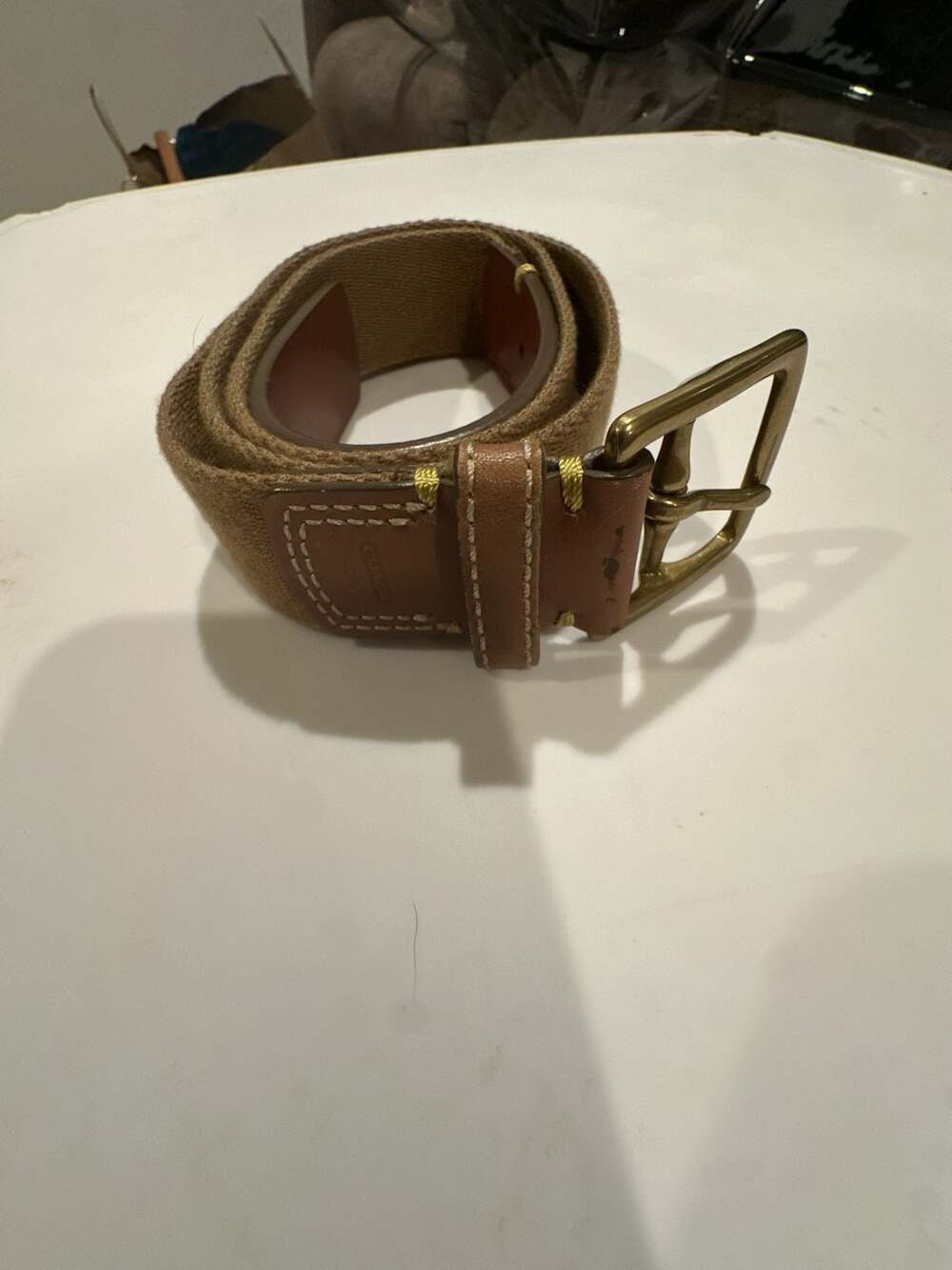 Coach Webbing Leather Belt Size 36 Brown Brass Buckle